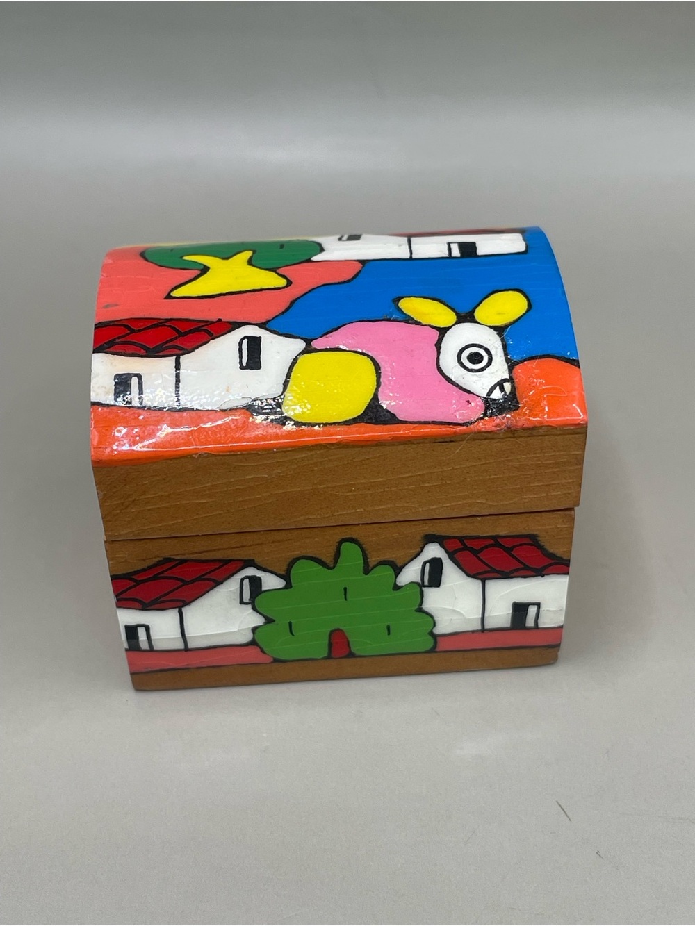 Small Wooden Box From El Salvador Hand Painted Folk Art 1.75x1.25”